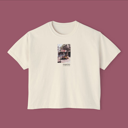 Wearable Art Boxy Tee – "Bike Jesus Graffiti and a Plzeň Tram, Dual Exposed"