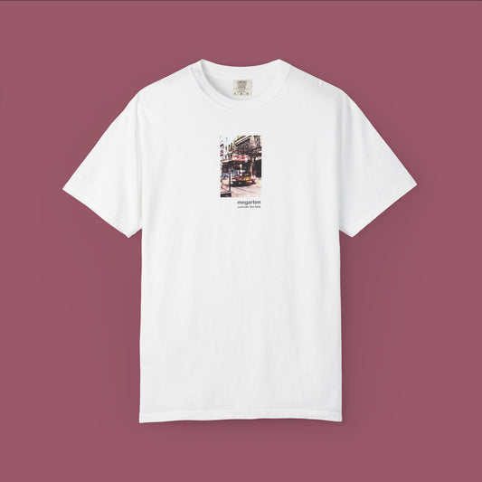 Wearable Art Unisex Tee – "Bike Jesus Graffiti and a Plzeň Tram, Dual Exposed"