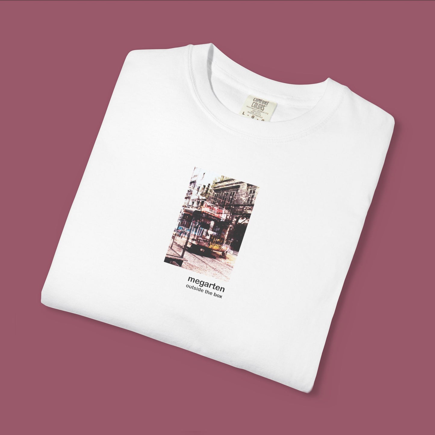 Wearable Art Unisex Tee – "Bike Jesus Graffiti and a Plzeň Tram, Dual Exposed"