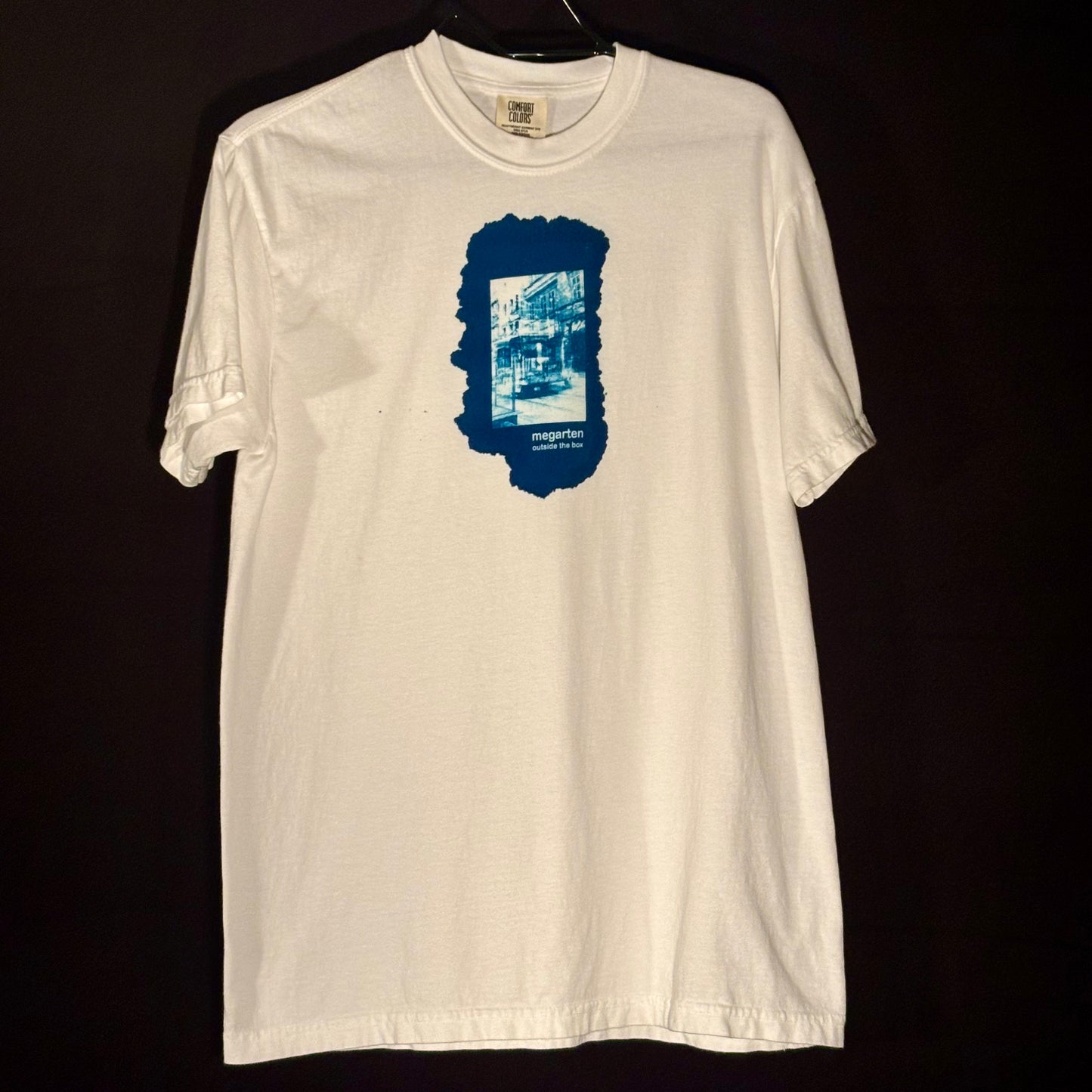 Wearable Art Cyanotype Tee – "Bike Jesus Graffiti and a Plzeň Tram, Dual Exposed"