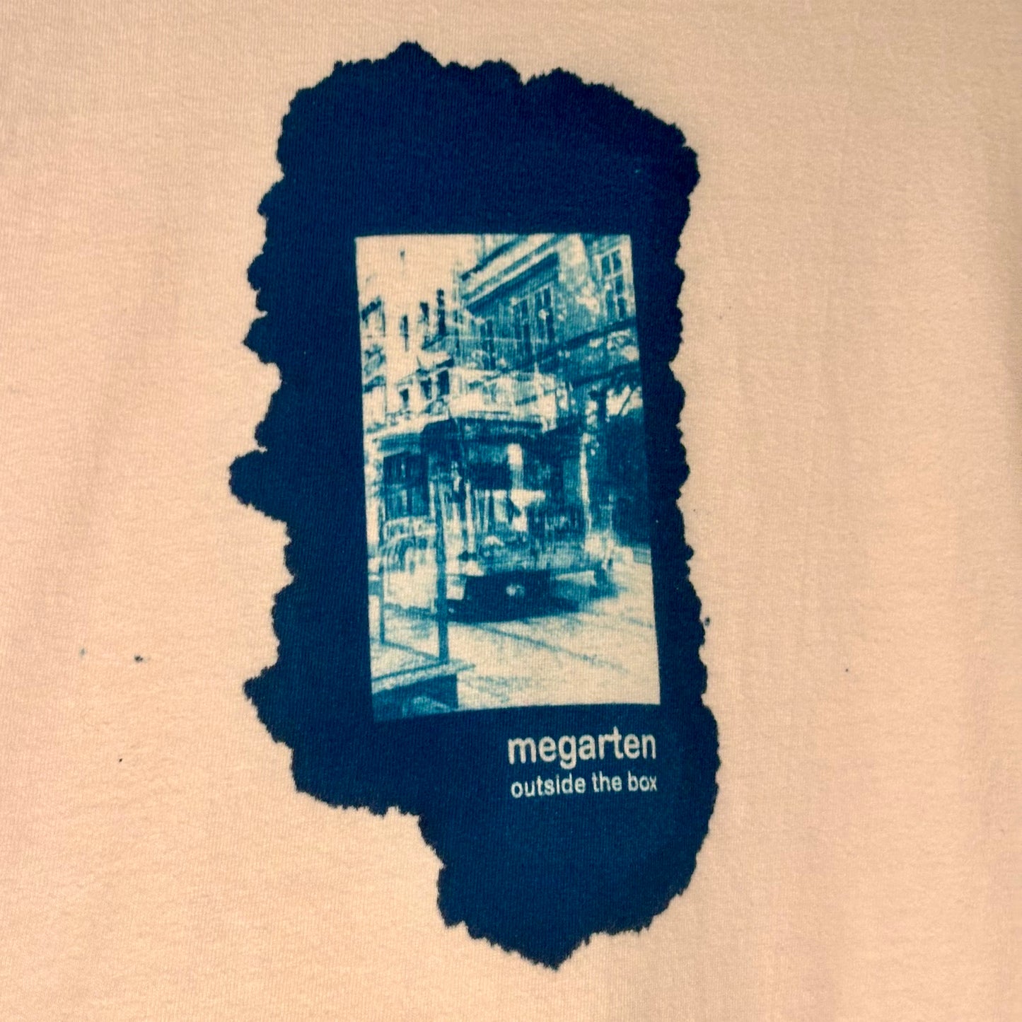 Wearable Art Cyanotype Tee – "Bike Jesus Graffiti and a Plzeň Tram, Dual Exposed"