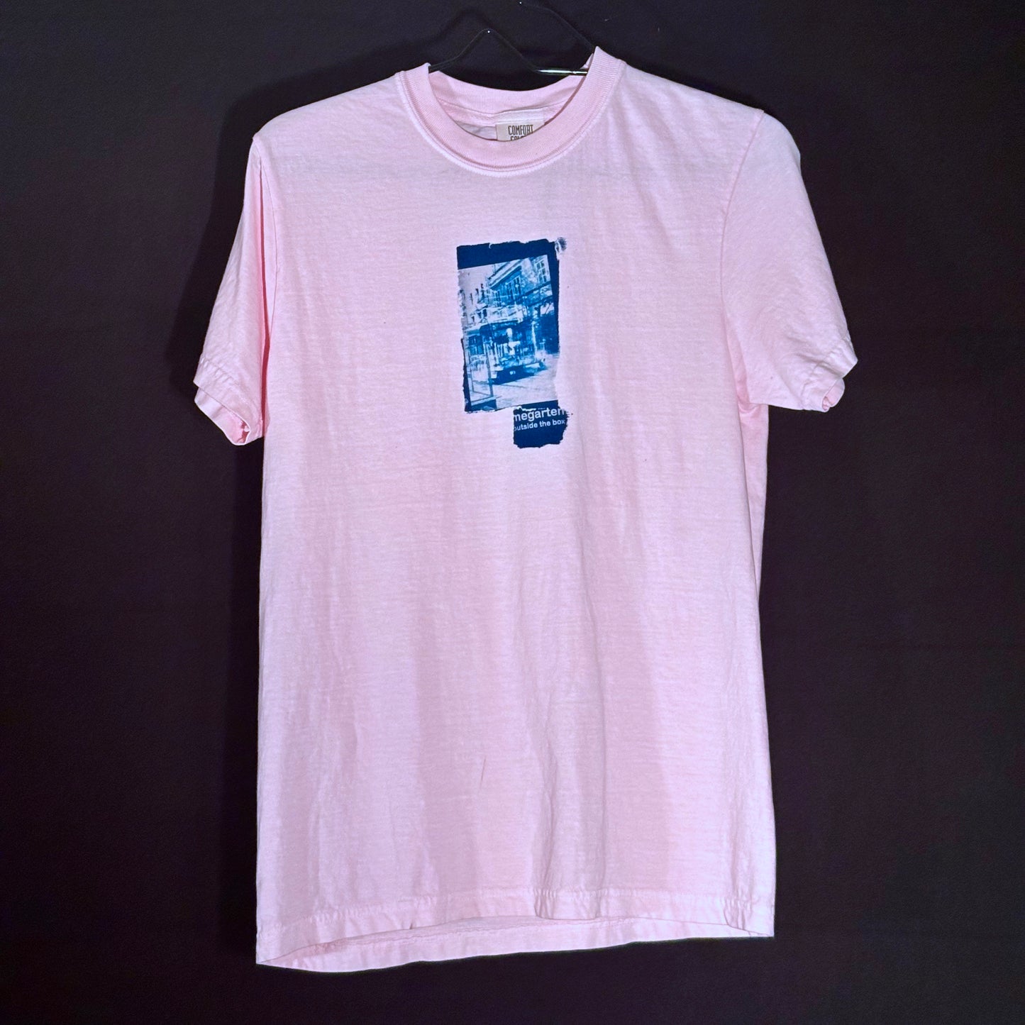 Wearable Art Cyanotype Tee – "Bike Jesus Graffiti and a Plzeň Tram, Dual Exposed"