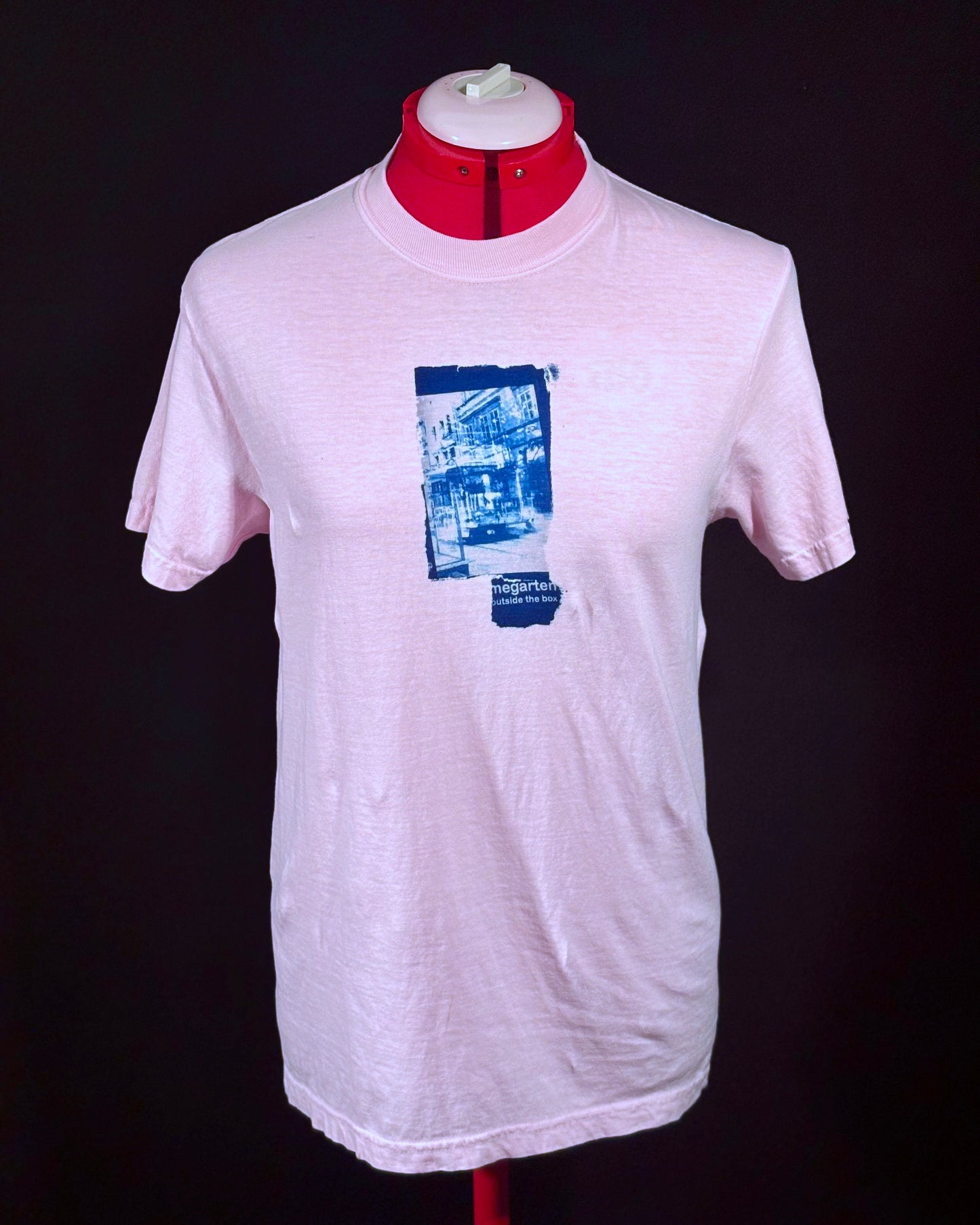 Wearable Art Cyanotype Tee – "Bike Jesus Graffiti and a Plzeň Tram, Dual Exposed"
