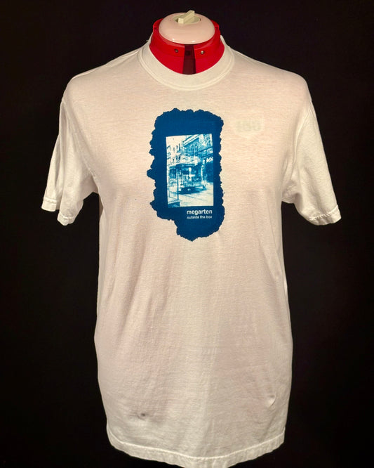 Wearable Art Cyanotype Tee – "Bike Jesus Graffiti and a Plzeň Tram, Dual Exposed"