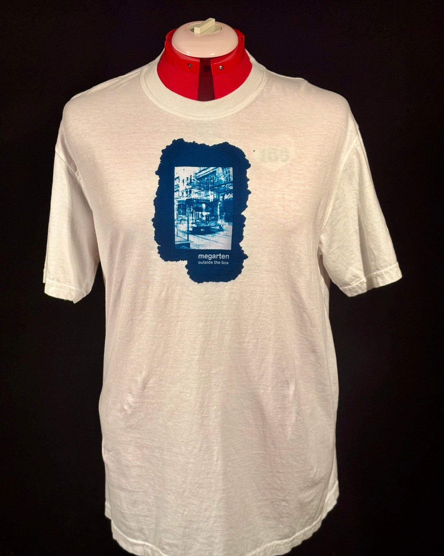 Wearable Art Cyanotype Tee – "Bike Jesus Graffiti and a Plzeň Tram, Dual Exposed"