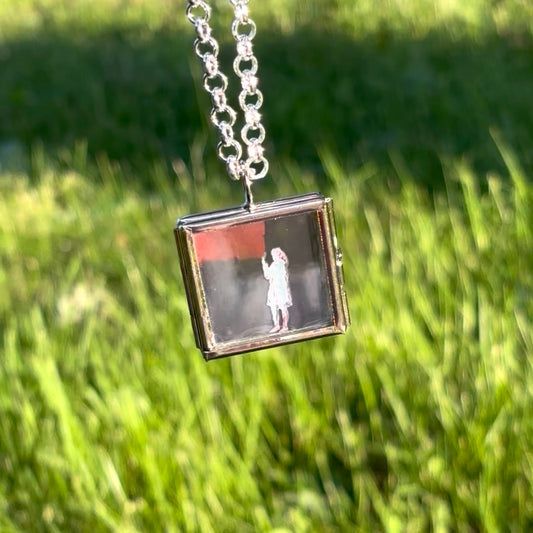 Wearable Art Locket Necklace – Mini Square, Rolo Chain, “Holding Up the Leaning Tower with a Painted Negative”