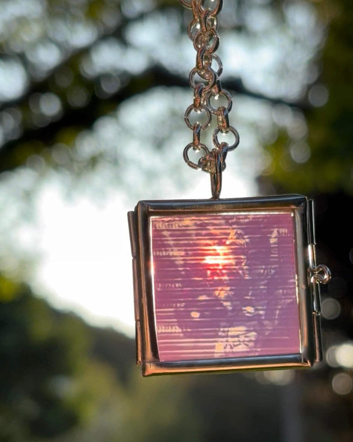 Wearable Art Locket Necklace – Mini Square, Rolo Chain, “Barcelona Tram and Street Art, Dual Exposed”