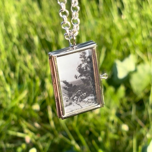 Wearable Art Locket Necklace – Mini Rectangle, Rolo Chain, “Talcott Mountain Branches”