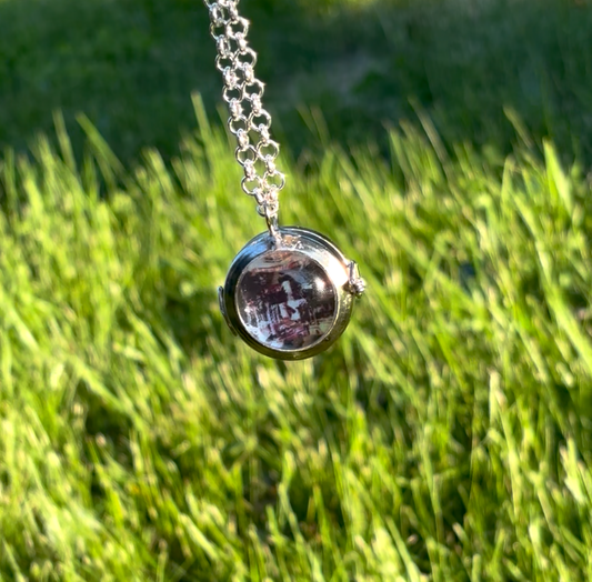 Wearable Art Locket Necklace – Glass Dome, Rolo Chain, “Bike Jesus Graffiti and a Plzeň Tram, Dual Exposed”