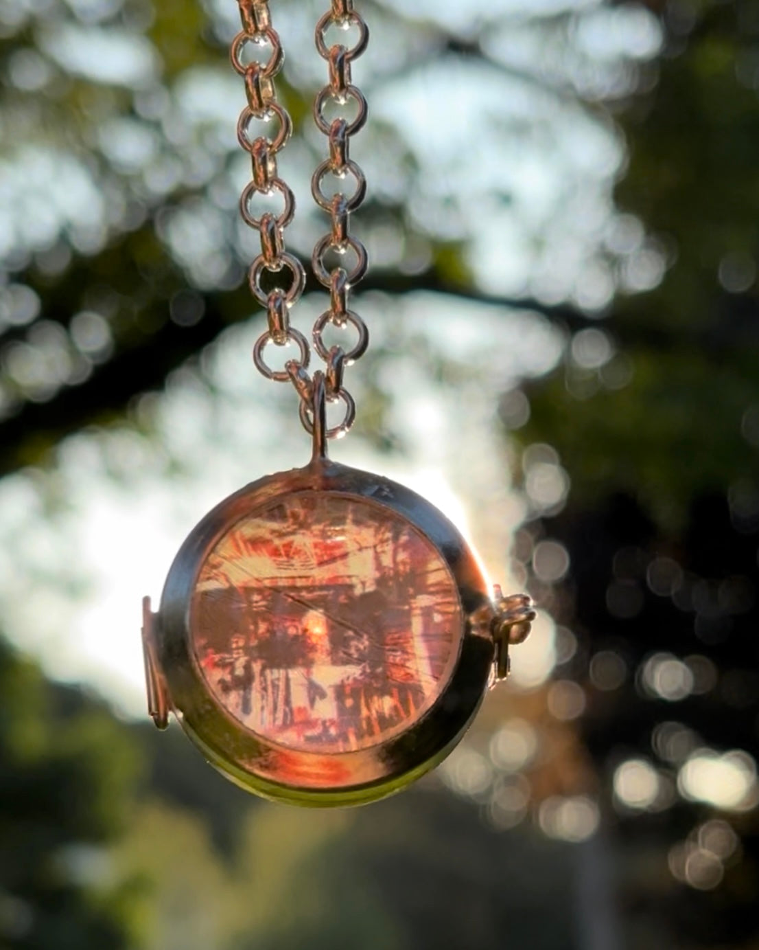 Wearable Art Locket Necklace – Glass Dome, Rolo Chain, “Bike Jesus Graffiti and a Plzeň Tram, Dual Exposed”