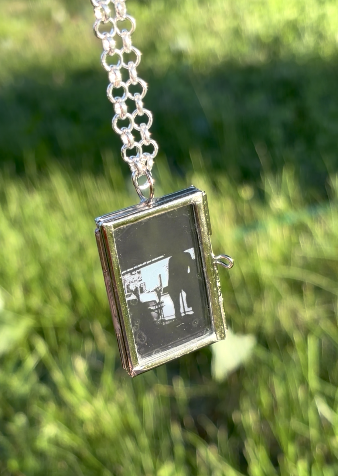 Wearable Art Locket Necklace – Mini Rectangle, Rolo Chain, “Lift Your Dress”