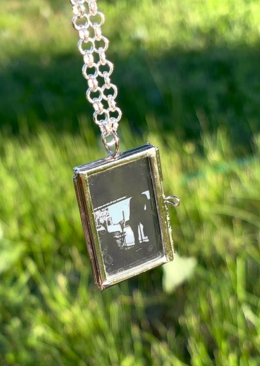 Wearable Art Locket Necklace – Mini Rectangle, Rolo Chain, “Lift Your Dress”