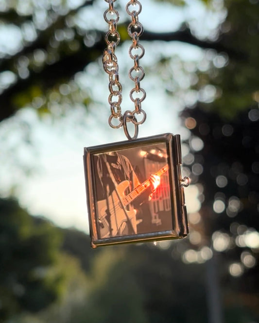 Wearable Art Locket Necklace – Mini Square, Rolo Chain, “Eddie on Bass”
