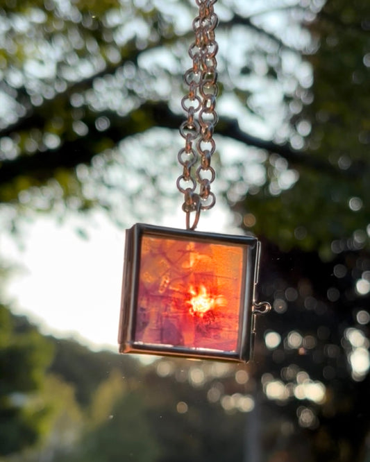 Wearable Art Locket Necklace – Mini Square, Rolo Chain, “Punk in Pink”