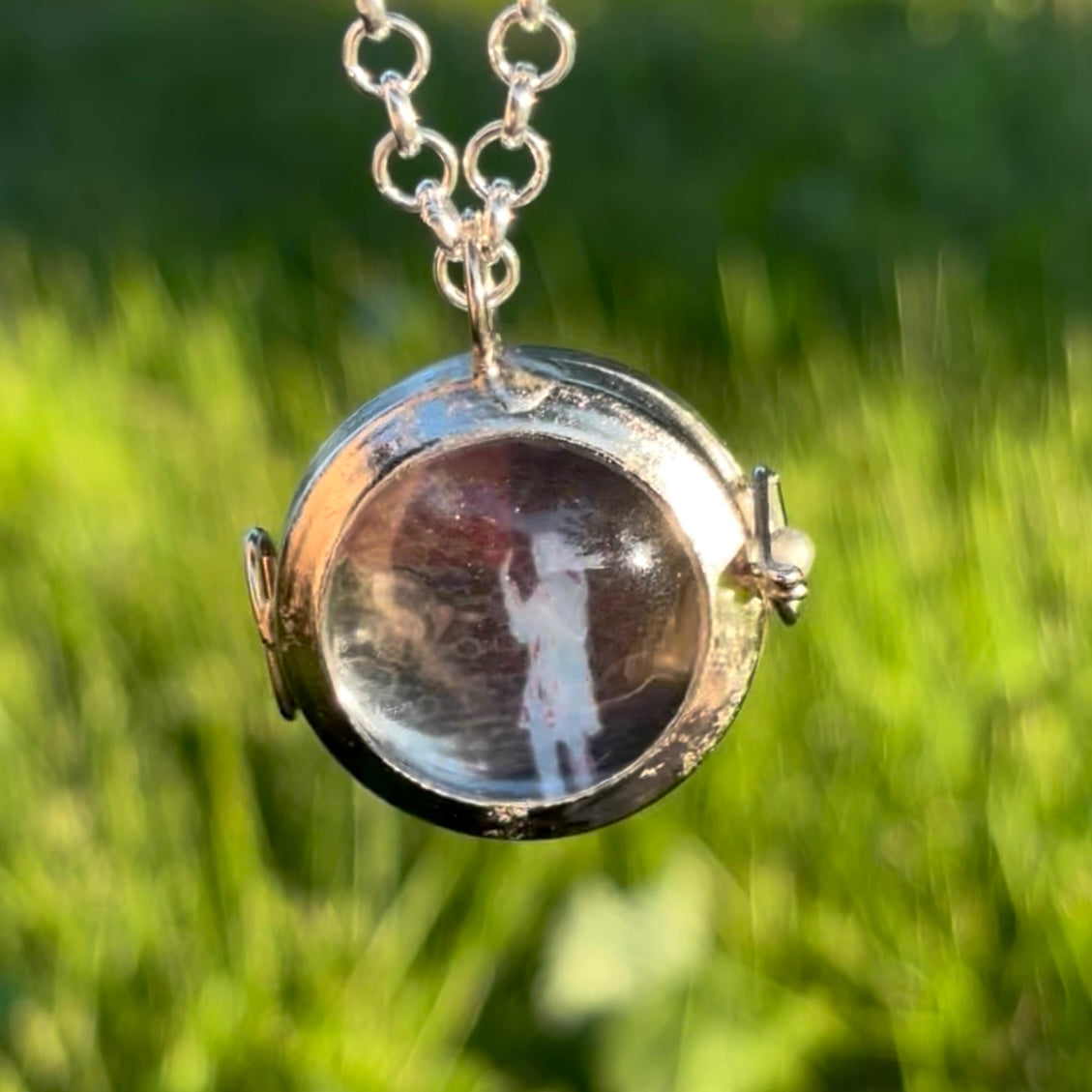 Wearable Art Locket Necklace – Glass Dome, Rolo Chain, “Holding Up the Leaning Tower with a Painted Negative”