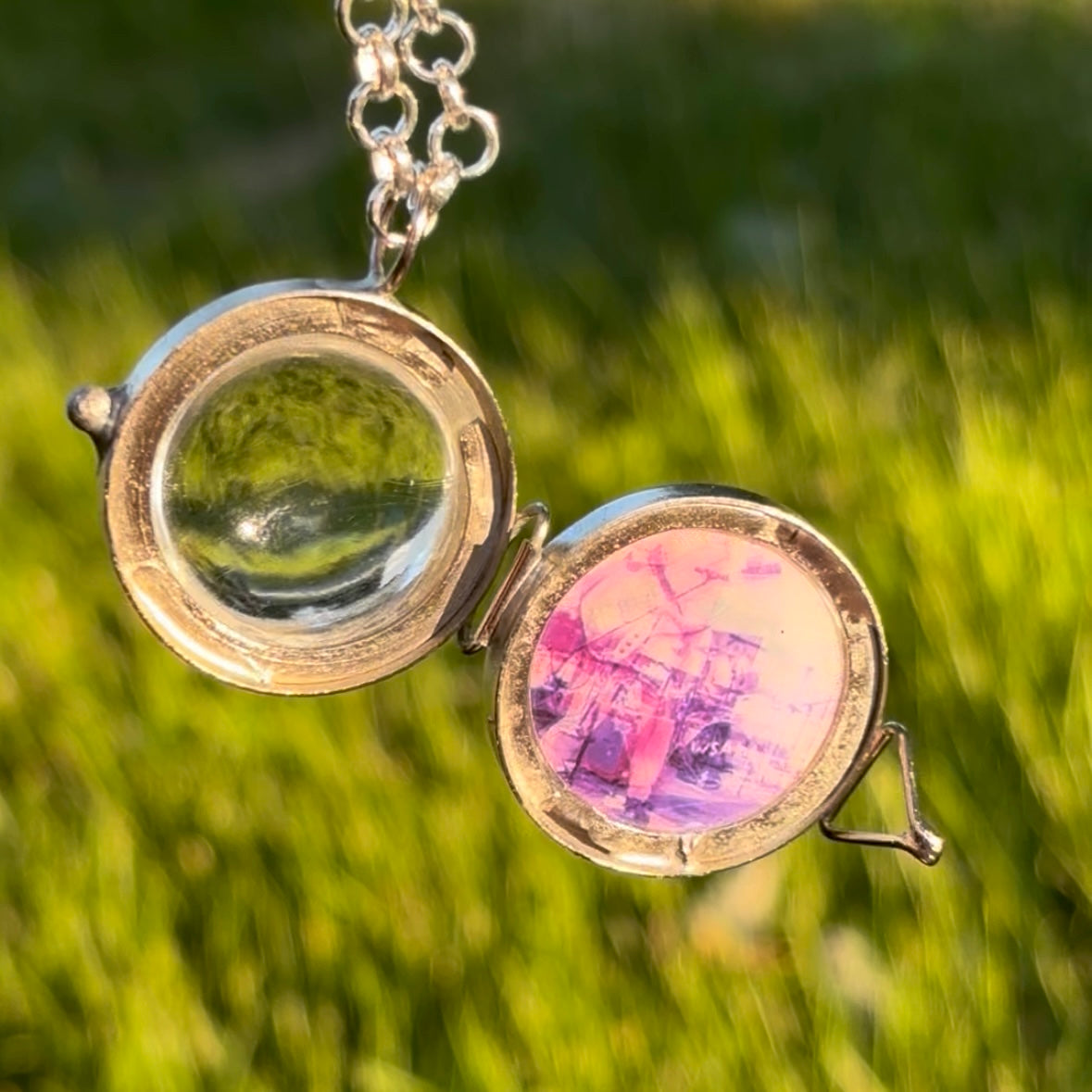 Wearable Art Locket Necklace – Glass Dome, Rolo Chain, “Punk in Pink”