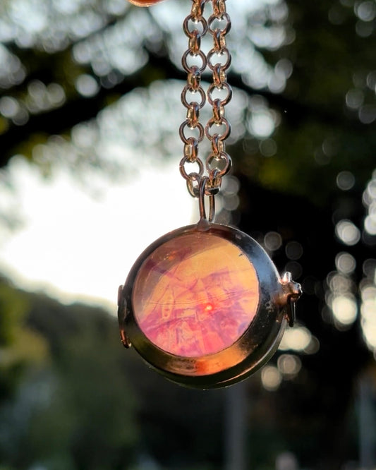 Wearable Art Locket Necklace – Glass Dome, Rolo Chain, “Punk in Pink”