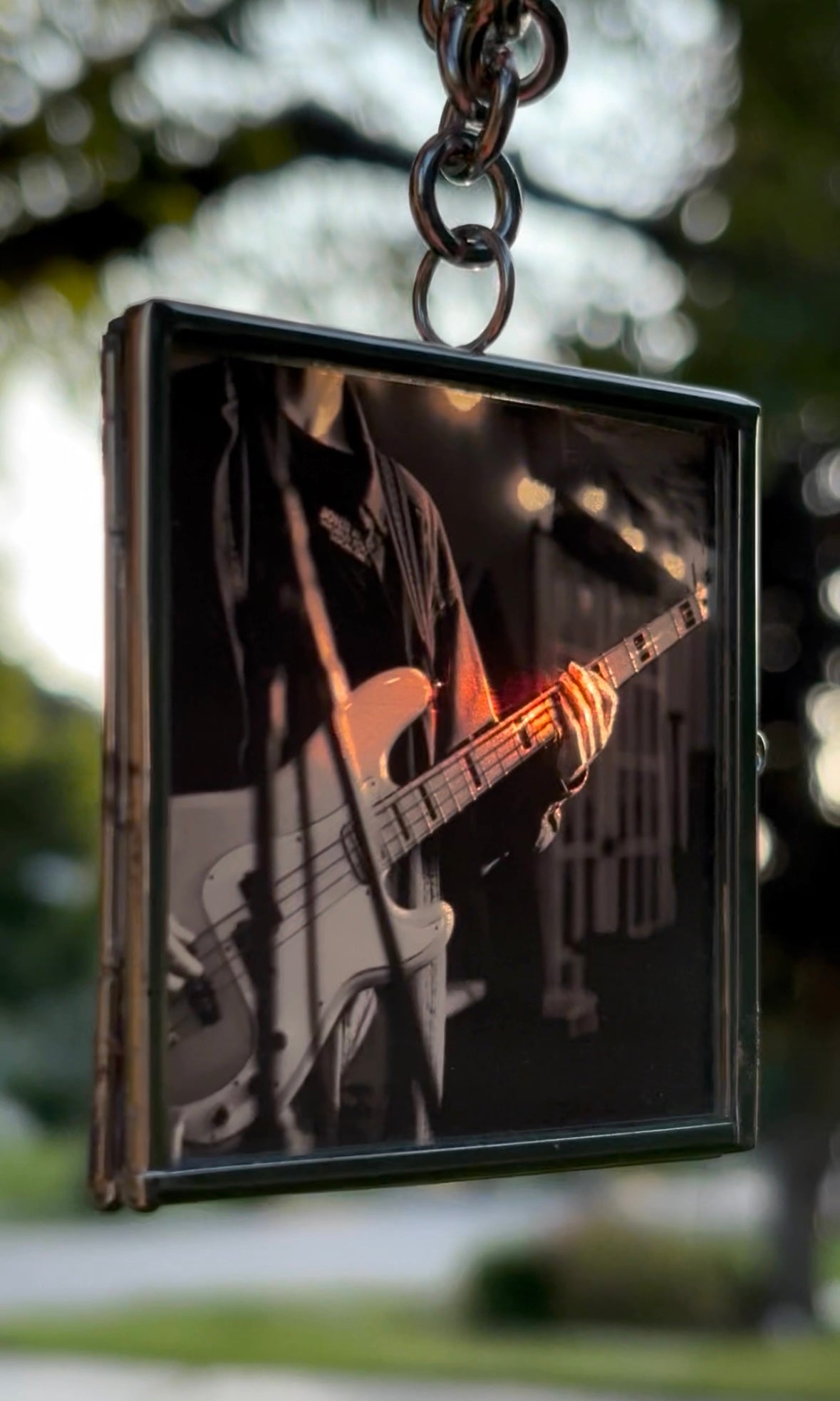 Wearable Art Locket Necklace – Oversized Square, Thick Chain, “Eddie on Bass”