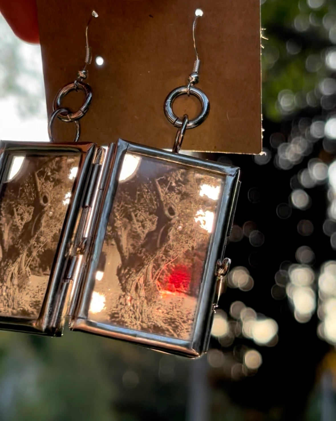 Wearable Art Locket Earrings – Mini Rectangles, Sterling Silver French Hooks, “The Knotted Tree of Elizabeth Park”