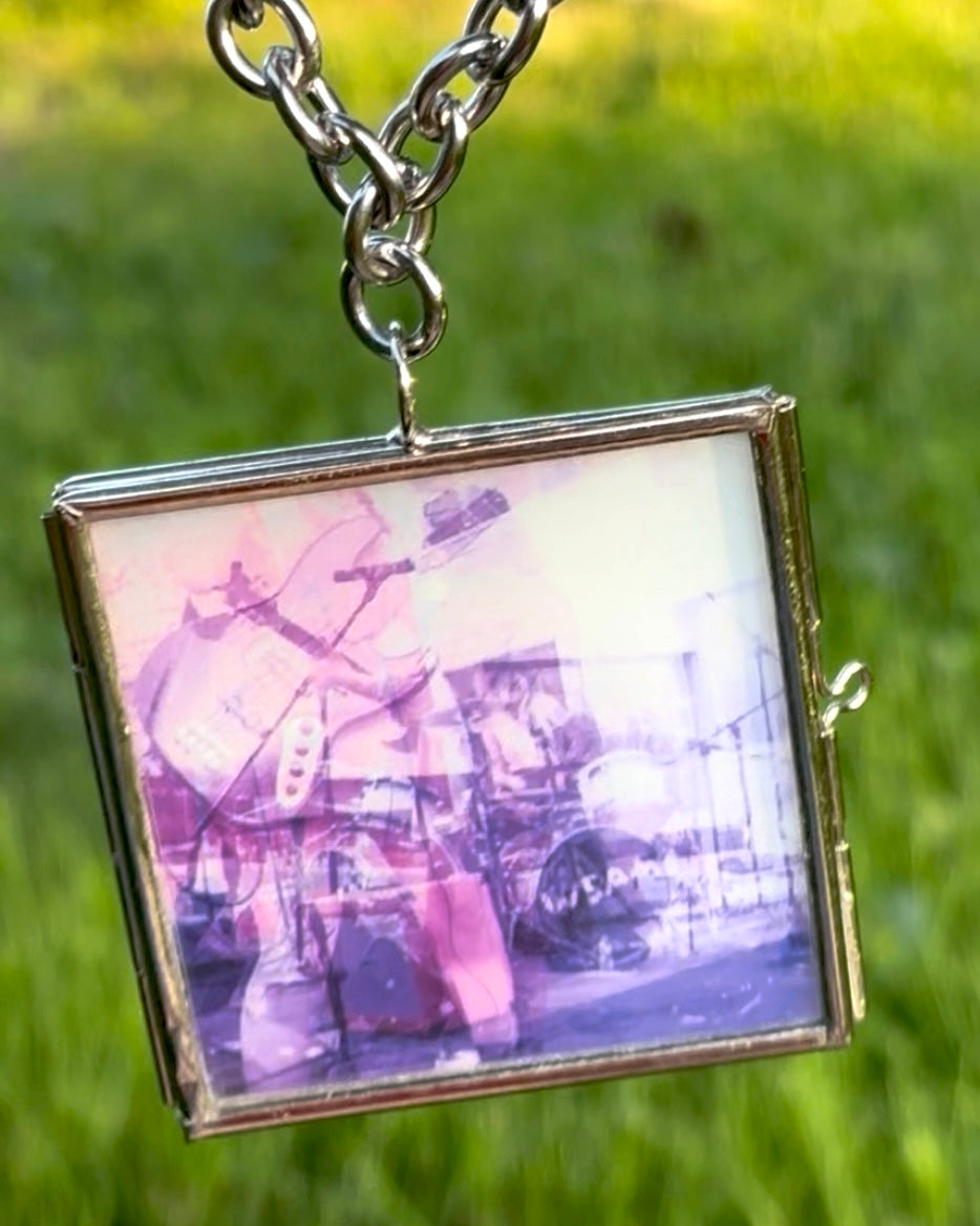 Wearable Art Locket Necklace – Oversized Square, Thick Chain, “Punk in Pink”