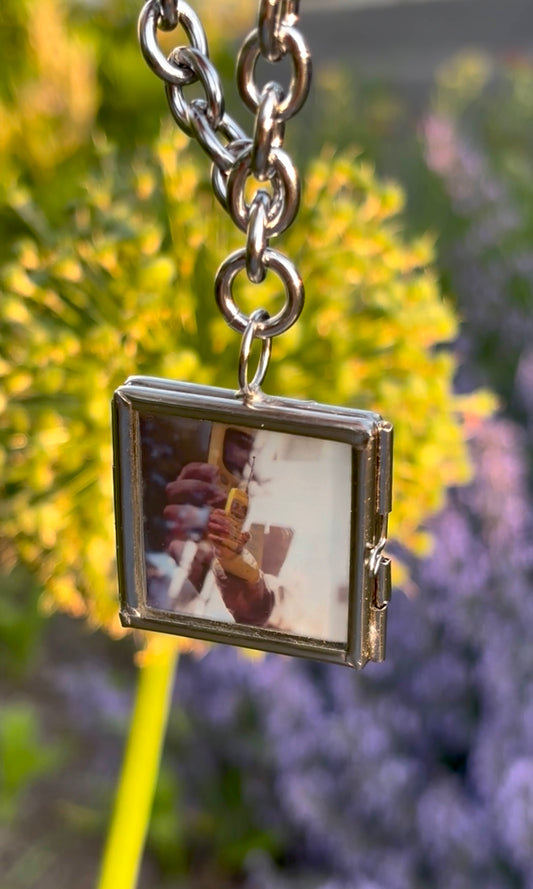 Wearable Art Locket Necklace – Mini Square, Thick Chain, “Yellow Cell”