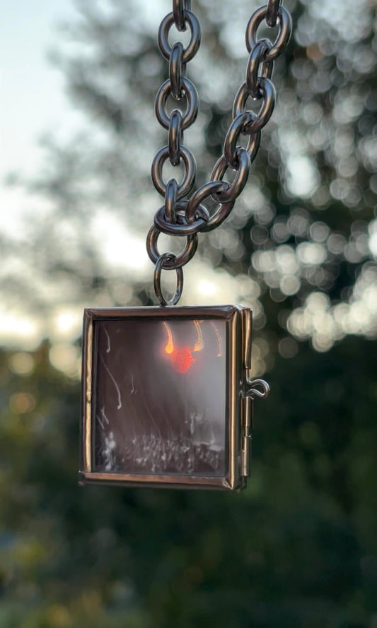 Wearable Art Locket Necklace – Mini Square, Thick Chain, “Light Trails at the Concert”