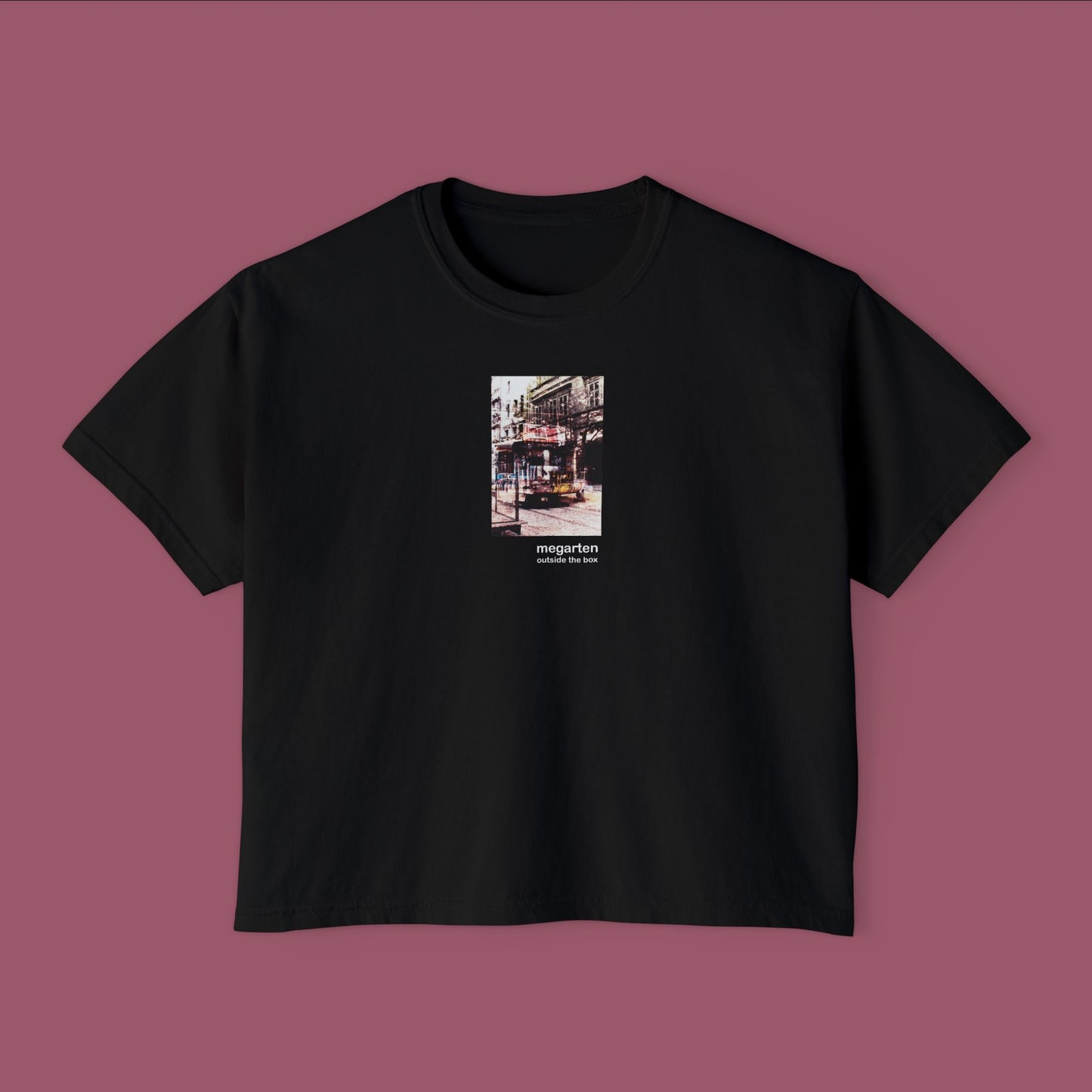 Wearable Art Boxy Tee – "Bike Jesus Graffiti and a Plzeň Tram, Dual Exposed"