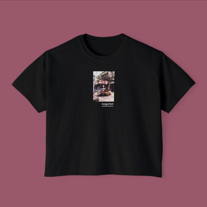 Wearable Art Boxy Tee – "Bike Jesus Graffiti and a Plzeň Tram, Dual Exposed"
