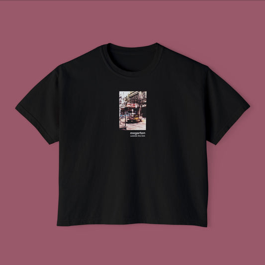 Wearable Art Boxy Tee – "Bike Jesus Graffiti and a Plzeň Tram, Dual Exposed"