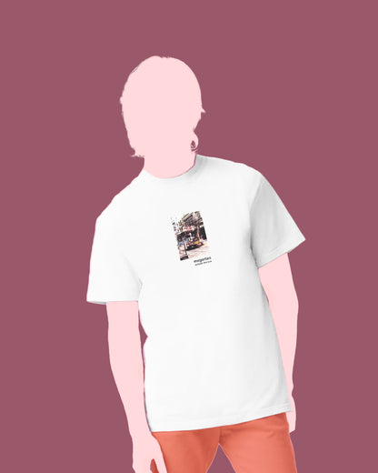 Wearable Art Unisex Tee – "Bike Jesus Graffiti and a Plzeň Tram, Dual Exposed"