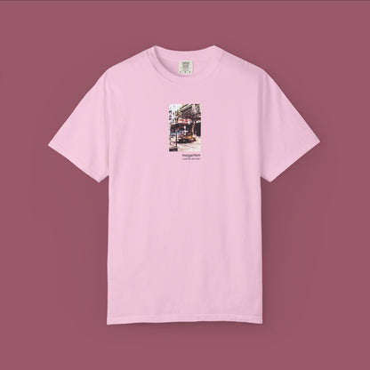 Wearable Art Unisex Tee – "Bike Jesus Graffiti and a Plzeň Tram, Dual Exposed"