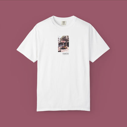 Wearable Art Unisex Tee – "Bike Jesus Graffiti and a Plzeň Tram, Dual Exposed"