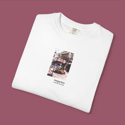 Wearable Art Unisex Tee – "Bike Jesus Graffiti and a Plzeň Tram, Dual Exposed"
