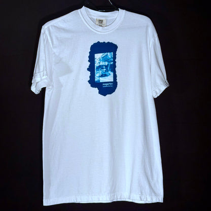 Wearable Art Cyanotype Tee – "Bike Jesus Graffiti and a Plzeň Tram, Dual Exposed"