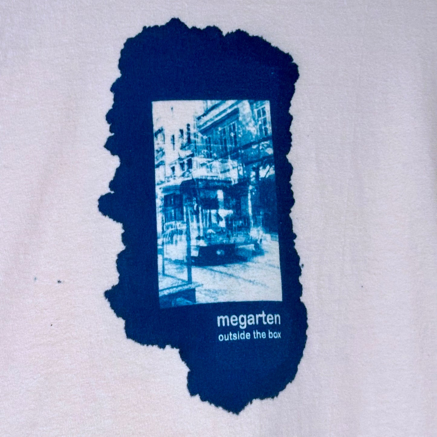 Wearable Art Cyanotype Tee – "Bike Jesus Graffiti and a Plzeň Tram, Dual Exposed"
