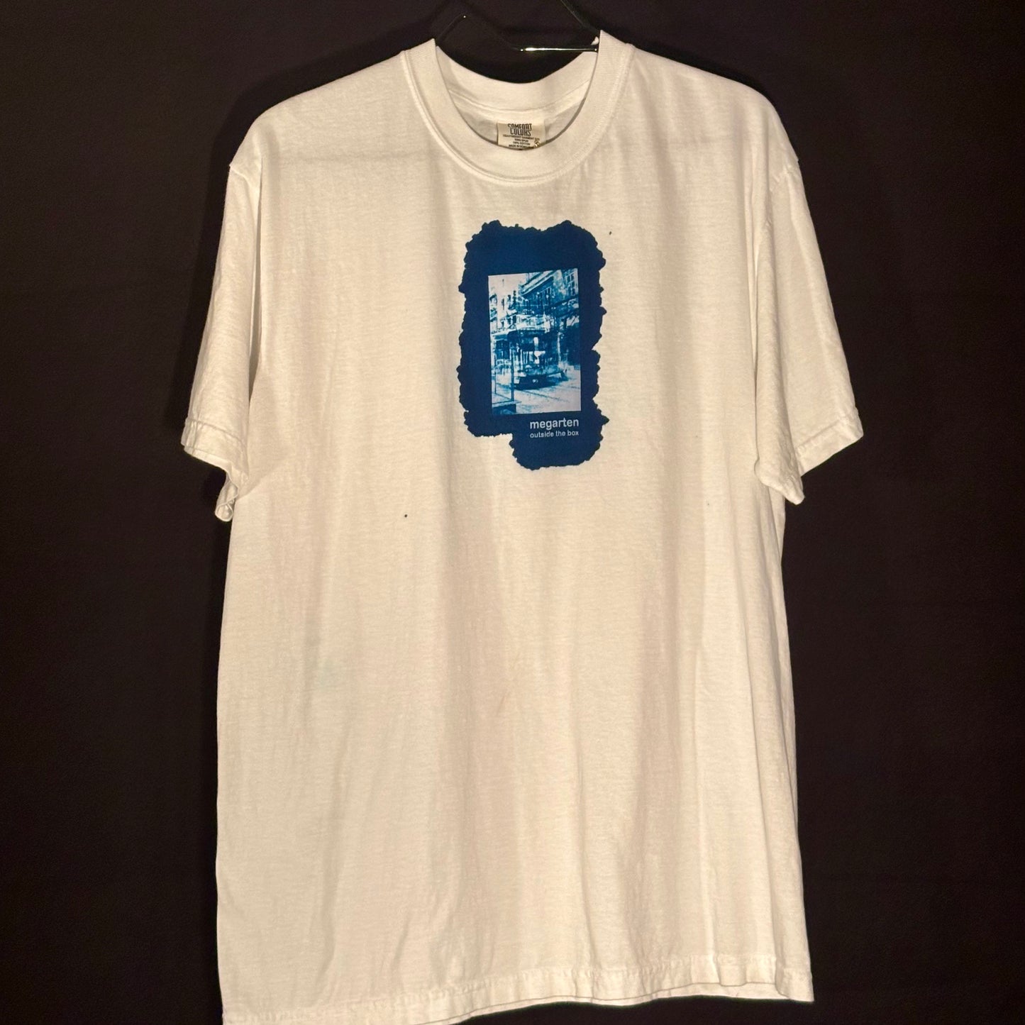 Wearable Art Cyanotype Tee – "Bike Jesus Graffiti and a Plzeň Tram, Dual Exposed"