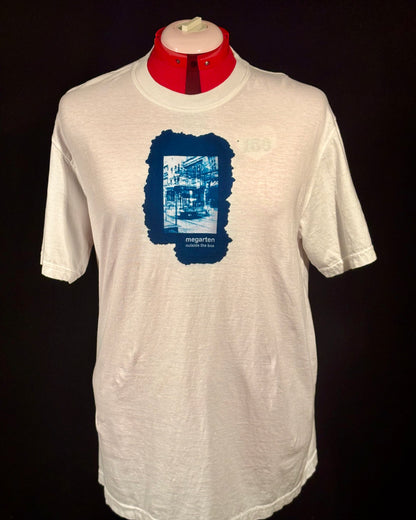 Wearable Art Cyanotype Tee – "Bike Jesus Graffiti and a Plzeň Tram, Dual Exposed"