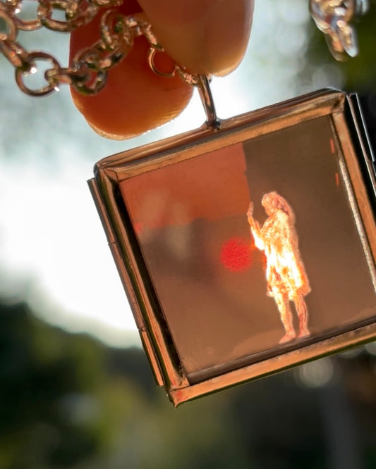 Wearable Art Locket Necklace – Mini Square, Rolo Chain, “Holding Up the Leaning Tower with a Painted Negative”