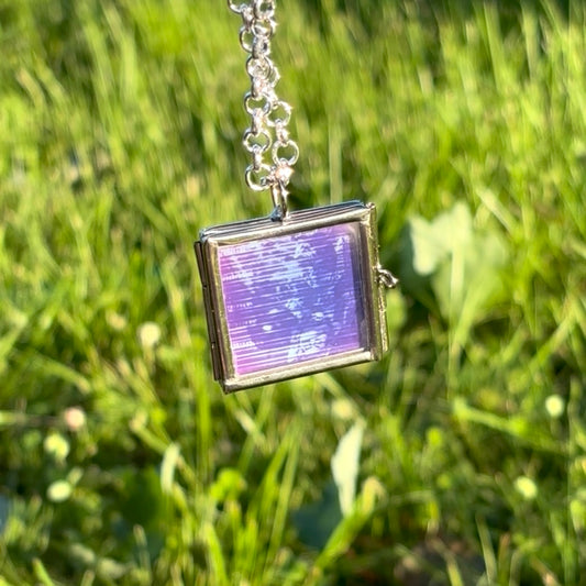 Wearable Art Locket Necklace – Mini Square, Rolo Chain, “Barcelona Tram and Street Art, Dual Exposed”