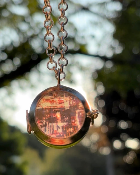 Wearable Art Locket Necklace – Glass Dome, Rolo Chain, “Bike Jesus Graffiti and a Plzeň Tram, Dual Exposed”