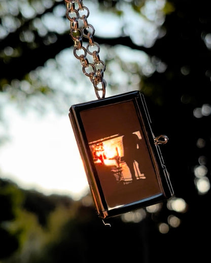 Wearable Art Locket Necklace – Mini Rectangle, Rolo Chain, “Lift Your Dress”