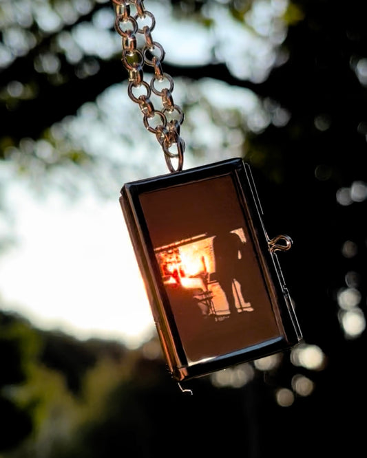 Wearable Art Locket Necklace – Mini Rectangle, Rolo Chain, “Lift Your Dress”