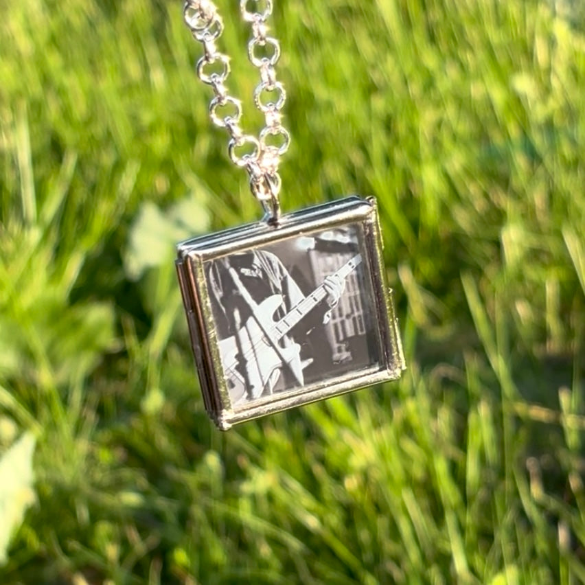 Wearable Art Locket Necklace – Mini Square, Rolo Chain, “Eddie on Bass”