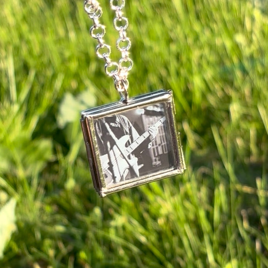 Wearable Art Locket Necklace – Mini Square, Rolo Chain, “Eddie on Bass”