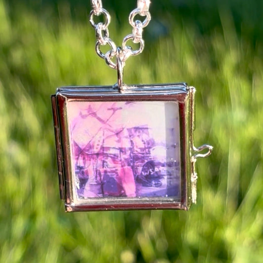 Wearable Art Locket Necklace – Mini Square, Rolo Chain, “Punk in Pink”