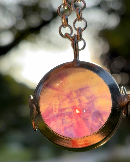 Wearable Art Locket Necklace – Glass Dome, Rolo Chain, “Punk in Pink”