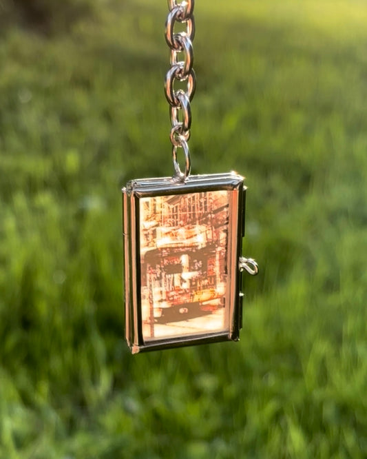 Decorative Hanging Stained-Glass Photograph – Mini Rectangle, Thick Chain, “Bike Jesus Graffiti and a Plzeň Tram, Dual Exposed”