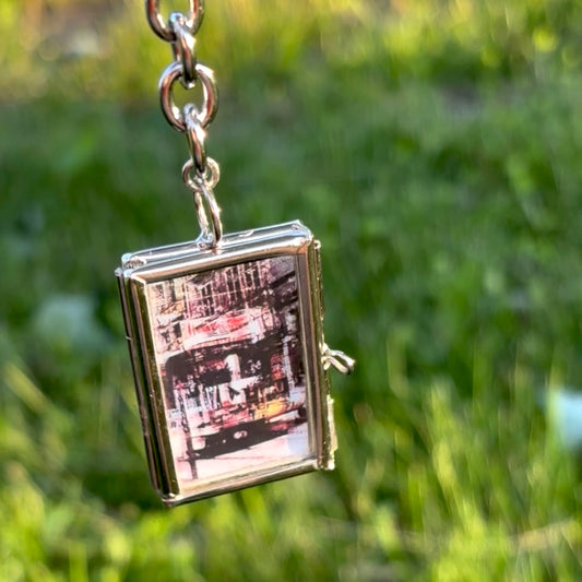 Decorative Hanging Stained-Glass Photograph – Mini Rectangle, Thick Chain, “Bike Jesus Graffiti and a Plzeň Tram, Dual Exposed”