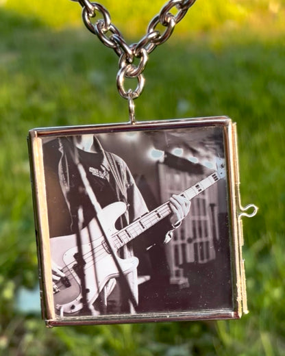 Wearable Art Locket Necklace – Oversized Square, Thick Chain, “Eddie on Bass”