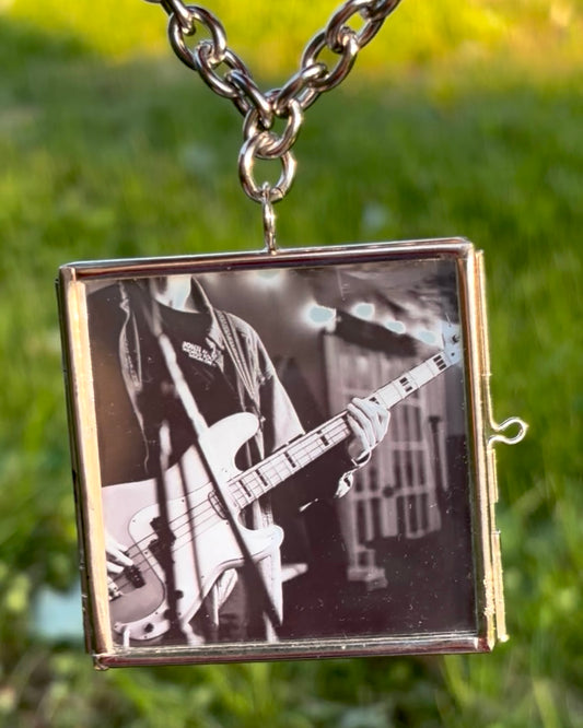 Wearable Art Locket Necklace – Oversized Square, Thick Chain, “Eddie on Bass”